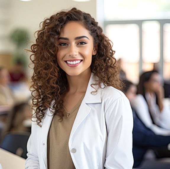Woman in white blazer smiling in classroom