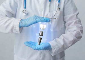 a dentist holding a hologram of a dental implant